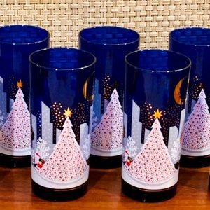 🎄🌟6xHP🌟Set of 8 Noritake Night Before Christmas Cobalt Blue Glass Tumblers